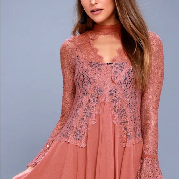 Free People Rosy Coral Lace Dress - Picture 1 of 6